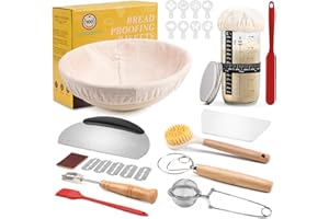 Clheatky Cestino Pane Lievitazione 11-pezzi, Set Lievitazione Pane Rattan 23cm Rotondo, Kit Completo di Lievito Madre, Grande Regalo per Principianti, Panettiere Esperto