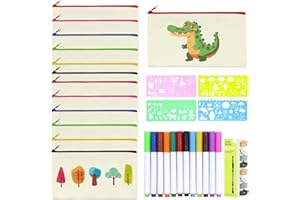 FINEASY 12 Stück DIY Stoff Federmäppchen, Stoffbeutel Reißverschluss, Taschen zum Bemalen für Kinder mit 12 Farbigen Stiften und 4 Pcs Malen Schimmel für Basteln Aufbewahrung Kindergeburtstag