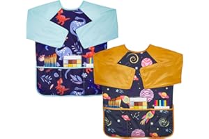 Lictin 2pcs Tablier Peinture Enfant, Imperméables Blouse Peinture Enfant, Tabliers pour Garçon avec 3 Poches, Convient aux Enfants de 3 à 8 ans, Idéal pour l'Art à l'École et la Cuisine