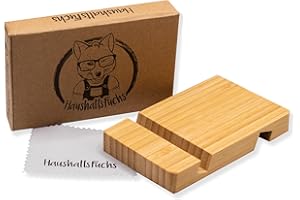 HaushaltsFuchs® 100% FSC® Bambus Halterung für Smartphone und Tablet - Holz Handyhalterung und Ständer für Büro und Schreibtisch - Handyhalter für den Tisch kompatibel mit iPhone, iPad, Samsung UVM.