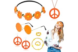DAZZROI 7Pcs Hippie Accessories Set for Women, 60s 70s Fancy Dress Costume Accessories with Flower Crown Headband Peace Sign Necklace Sunglasses Earrings Bracelet Ring, Retro Accessory for Party Dress Up