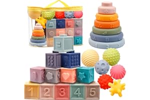 Plunack Giocattoli Montessori per Bambino 6-12 Mesi - Soft Building Blocks Giocattoli Palline Sensoriali Giocattoli impilabili con Anelli, Giocattoli Educativi, Spremere Dentizione Giocattoli Regali