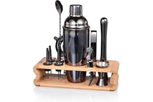 Quilamix 12-teiliges Cocktail Shaker Set mit Bambusständer, 750ml Edelstahl-Barkeeper-Set für Mixgetränke, Geschenk für Freunde, Männer, Frauen, mit Rezeptheft
