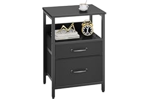 YMYNY Mesita de Noche, Mesa Auxiliar de Sofá, Mesilla de Noche con 2 Cajones de Tela, 2 Estante Abierto, Estilo Moderno, Mesa Pequeña de Centro, Mesa de Café, para Dormitorio, Salón, Negro HST011B