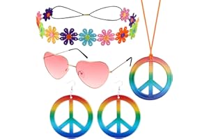 GLAITC Ensemble De Costume Hippie, 5 pièces Années 60 70 Accessoire Hippie Femme Hippie Déguisement Lunettes Hippie Collier Signe de Paix Boucle D'oreille Paix pour Fête Rétro Hippie