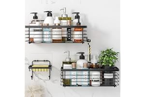 Oriware Samoprzylepny kosz prysznicowy z haczykami, uchwyt na mydelniczkę, półka na szampon, odżywkę, organizer do przechowywania w łazience, montowany na ścianie, bez wiercenia, stal nierdzewna