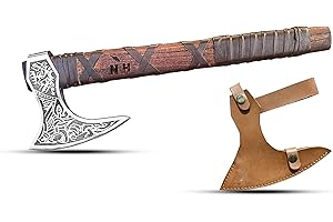 NovaHaven Handgefertigte Dekorative Axt – Klinge aus Kohlenstoffstahl mit Eschenholzgriff – Verschiedene Klingendesigns mit Ledergriff – Inkl. Schutzhülle – 4 Varianten (Etched Blade)