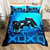 Gaming Duvet Cover Children Gamer Blue Video Game Bedding Set 135 x 200 cm Honeycomb Console Game Decoration Bedroom Set Geom