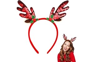 iwiio Christmas Headbands for Adults, Glitter Sequin Fish Scale Deer Horn Headwear, Red Green Christmas Hair Bands, Christmas Hair Accessories for Holiday Party Decorations