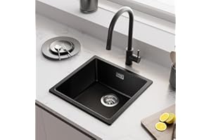 AuraLum pro Fregadero Cocina 45 x 44 cm, Fregadero Cocina 1 Seno de Granito, Fregadero Negro con Sifón, Rebosadero y Desagüe, Fregadero al Mueble más de 45 cm