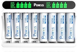POWXS Batterie Ladegerät mit 4 AA & 4 AAA Akku, 8-Ladeplatz Akku Ladegerät mit LCD Anzeige, Schnell Akkuladegerät für NI-MH NI-CD AA/AAA Akkus USB & Typ-C Eingang