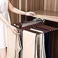 Nisorpa Pull Out Trousers Rack, Extendable Trouser Hanger 22 Arms Pants Rack Pants Holder Pull Out Clothes Rail Space Saving Wardrobe Organizer Pull Out Pants Hangers, Brown