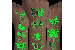 CHARLENT Tatuaggi Luminosi a Tema Farfalla per Bambini - 14 Fogli di Tatuaggi Temporanei che Brillano al Buio a Tema Farfalle e Fate per Feste di Compleanno per Ragazze