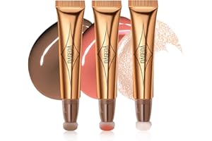 Prreal 3PCS Contour Highlighter Blush Beauty Wand with Soft Cushion Applicator, Smooth Creamy Matte Liquid Concealer Blush Highlighter Stick, Shimmer Long Lasting Body Face Pen for Makeup(01+02+04)