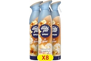 Ambi Pur Deodorante Ambiente Spray, Confezione da 8 Deodoranti, Fragranza Oro e Fiori di Vaniglia, Combatte Gli Odori In Qualsiasi Stanza Della Casa