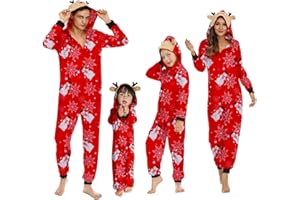 Heflashor Familien Weihnachten Schlafanzug lang Weihnachtspyjama Familie Outfit Einteiler Jumpsuit mit Elch Hut Mode Hausanzug Freizeitanzug