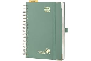 POPRUN Agenda 2024 2025 Dia Por Pagina 21,5 x 14,5 cm, Espiral Agenda Diaria 12 Meses de Ago.2024 a Jul.2025, Tapa Dura, Regla de Plásticol, 80 GSM Papel, Verde Medianoche