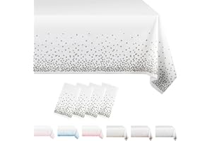 MORAINJAY Biały i Srebrny Obrus Imprezowy w Kropki, 137 x 274 cm, Prostokątny, Wodoodporny Plastikowy z Konfetti na Piknik, Ślub, Urodziny, Dekoracje Stołu