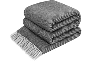 LYHome Ciepły Koc z Wełny Merynosów z Frędzlami i Modny Wzór Jodełką: Pled na Łóżko, Kanapę, Sofę, do Salonu, Sypialni. Duzy, Miękk (140 cm x 200 cm/Ciemnoszary z Białym)