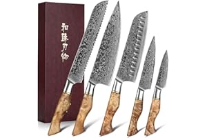 HEZHEN 5 Piezas Set Cuchillo Cocina, acero de Damasco, acero japonés con alto contenido de carbono, cuchillo universal para pan de Santoku, mango de madera con sombra blanca