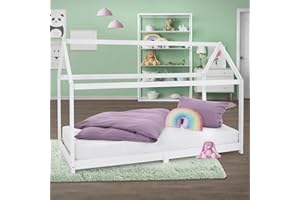 ‎ML DESIGN MODERN LIVING ML-Design Kinderbett 90 x 200 cm mit Dach und Lattenrost, Weiß, Hausbett für Mädchen und Jungen, Kinderhaus aus massivem Kiefernholz, Stabiles Jugendbett, Massivholz Kinder Bett, Bettenhaus Spielbett