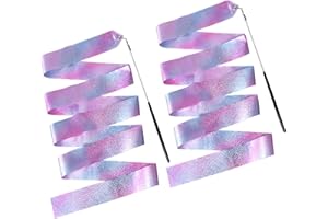 Dewocke 2PCS Gymnastic Ribbon 2M with Wand, Sparkling Dance Ribbon, Dance Ribbons for Kids, Twirling Baton, Long Ribbon Streamers, Rhythmic Gymnastics for Kids Artistic Dancing Training Party Favors
