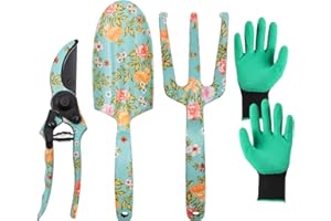 YTACREA Lot de 4 Outillage de Jardin avec Impression Florale, Kit Jardinage Adulte, Kits d'outils de Jardinage avec Râteau à Main, Truelle, Gants et Ciseaux de Jardinage, Cadeau Jardinage pour Femme