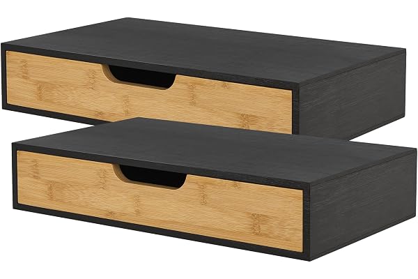 [en.casa] Set med 2 väggmonterade hyllor med tidlös design och integrerad låda, set med 2 hängande sängbord, bärkapacitet 5 kg, bambu, 40 x 24 x 8 cm, svart naturlig
