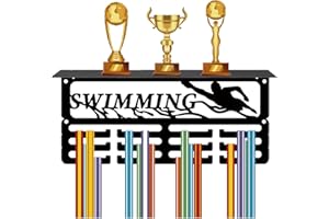 CREATCABIN Porta Medaglie per Nuoto Scaffale per Trofei Appendini per Medaglie Espositore con Supporto per Ripiano Piccoli Sport 4 Supporto A Parete per Contenere 70+ medaglie per Uomini 29x13x10cm