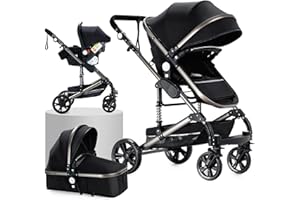 Prokoke Kinderwagen 3 in 1, Buggy mit Umkehrbarem Zwei-Wege-Schub, Kinderwagen mit Rahmen Aluminiumlegierung, Kombikinderwagen 3 in 1 mit Einem Klick Faltbar Neugeborene Baby Kleinkind (739 Black)