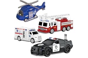 Doloowee EPPO 4 Paquets de Jouets de véhicules d'urgence pour Enfants, hélicoptère de Sauvetage, Voiture de Police, Camion de Pompier, Voiture Ambulance Cadeau pour 3-12 Ans Garçons Filles