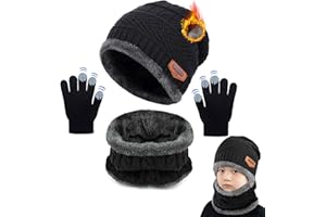 CheChury Enfants Bonnet Tricoté Écharpe Gants d'hiver Tour De Cou avec Double Polaire Chaud Écharpe et Chapeau pour Garçons et Filles, 3 Pièces
