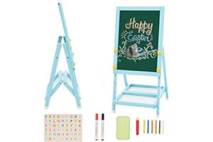 YOSAMY Kids Art Easel Double Sided Easel Whiteboard Blackboard,Foldale Mini Wood Easel for Kids,Drawing Board with Letters and Numbers 43 * 32 * 8.5 (Blue)