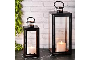 ‎MARRAKESCH ORIENT & MEDITERRAN INTERIOR Marrakesch 2er Set LED Laterne Windlicht 39 cm und 27,5 cm | Laternen mit LED-Kerze Batterie betrieben und mit Timer Funktion | Gartenlaterne für Draußen Marra schwarz modern als Gartendeko