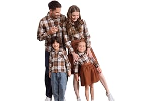 PATPAT Trajes familiares a juego, vestidos para mamá y yo, conjunto a juego, vestido de malla de tul de manga larga, camisa a cuadros de búfalo con botones