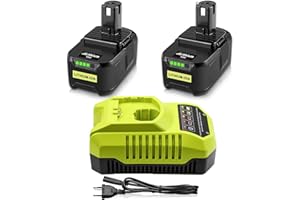 Powayup 2 X 18V 5Ah Remplacement pour Ryobi Batterie 18V P108 + 3A pour Ryobi Chargeur 9.6V-18V BCL14151H RB18L50 RB18L40 RB18L25 P108 P107 P122 P104 P105 P102 P103 avec indicateur LED