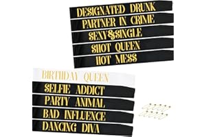 TEUVO Birthday Sashes for Girls, 10pcs Birthday Women Sash Set with 9pcs Black Satin Sashes + 1pcs White Birthday Queen Sash for Birthday Parties, Decorations, Favors