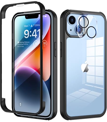 Cover 2in1 Per IPhone 14: Custodia Ibrida Antiurto Full Body 360° Con Protezione Fotocamera Scorrevole (Trasparente+Nero)