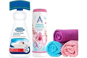 KUNWELY Dr Beckmann Carpet Stain Remover (650ml) With Cleaning Applicator Brush + Microfibre Cloths (3 pcs) + Astonish Shake & Fresh Pink (400g) Bundle. Perfect To Remove Stubborn Stains And Odour