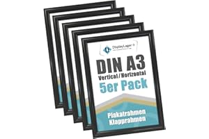 DisplayLager - 5 Pezzi A3 Cornice a Scatto da 25 mm, Profilo in Alluminio Nero Disco di Protezione antiriflesso e Materiale di Fissaggio