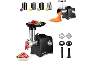 Electric Cheese Grater & Meat Grinder: Parmedu Electric Vegetable Cutter Electric Slicer Shredder Salad Maker - Professional Meat Mincer with 2 Plates, Sausage Maker & Kibbe Kit（Total 11 Attachments）