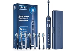 Phniti Sonic Electric Toothbrush, for Adults and Kids, Rechargeable Battery Toothbrush with Travel Case, 8 Replacement Duponts Brush Heads, 2 Mins Smart Timer