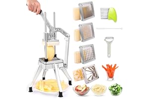 Ezcasch 4 en 1 Coupe Frites Manuel avec 6mm 9mm 12mm 8-cales Lames, Coupe Frite Professionnel en Acier Inoxydable, Coupe pomme de terre, Trancheuse de Légumes et de Fruits Multifonctions