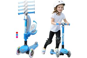 Stompa 3 Wheel Scooter 2-in-1 Kids Scooters with Seat, Foldable Toddler Scooter for 3+ Years Old Boy Girl with 4 Level Adjustable Height, Kick Scooter with Light Up LED Flashing Wheels