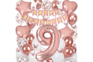 NELOTAOR 9th Birthday Decorations for Girls, Rose Gold 40 Inch Age 9 Foil Birthday Balloons with Happy Birthday Banner and Butterfly Stickers, for Baby Shower, Girls Women Birthday Party
