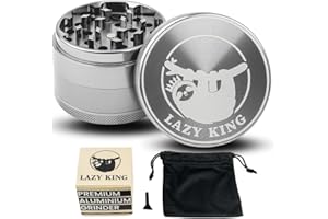 LAZY KING Premium Aluminium Grinder Crusher - 63 mm, 4-teilig - Set mit Beutel & Pollen Scraper - Hochwertige Kräutermühle in Silber