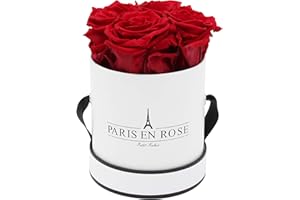 PARIS EN ROSE Rosenbox | mit 4 Bordeaux-roten Infinity Rosen Größe XL | konservierte ewige Rose | runde Weiß-Schwarze Box |3 Jahre haltbar | Grußkarte