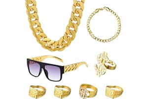 RWSRW 8 Stück Zuhälter Kostüm Zuhälter Outfit Rapper Schmuck Goldene Dollar Kette Set Hiphop Rapper Accessoires für Männer Frauen Fasching Karneval Party