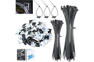 DEVENIRRICHE 300Pcs Cable Ties Set, 200Pcs 100mm/150mm Black Plastic Nylon Cable Ties and 100Pcs Strong Back-Glue Self Adhesive Mounts, High Temperature Resistance Tie Wraps for Managing Various Cables