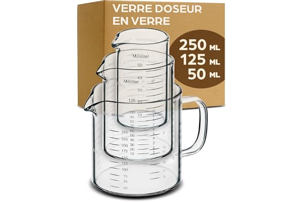 Praknu Verre Doseur en Verre - 50ml, 125ml, 250ml - Graduation Précise - Empilable - Résistant à la Chaleur & au Micro-ondes